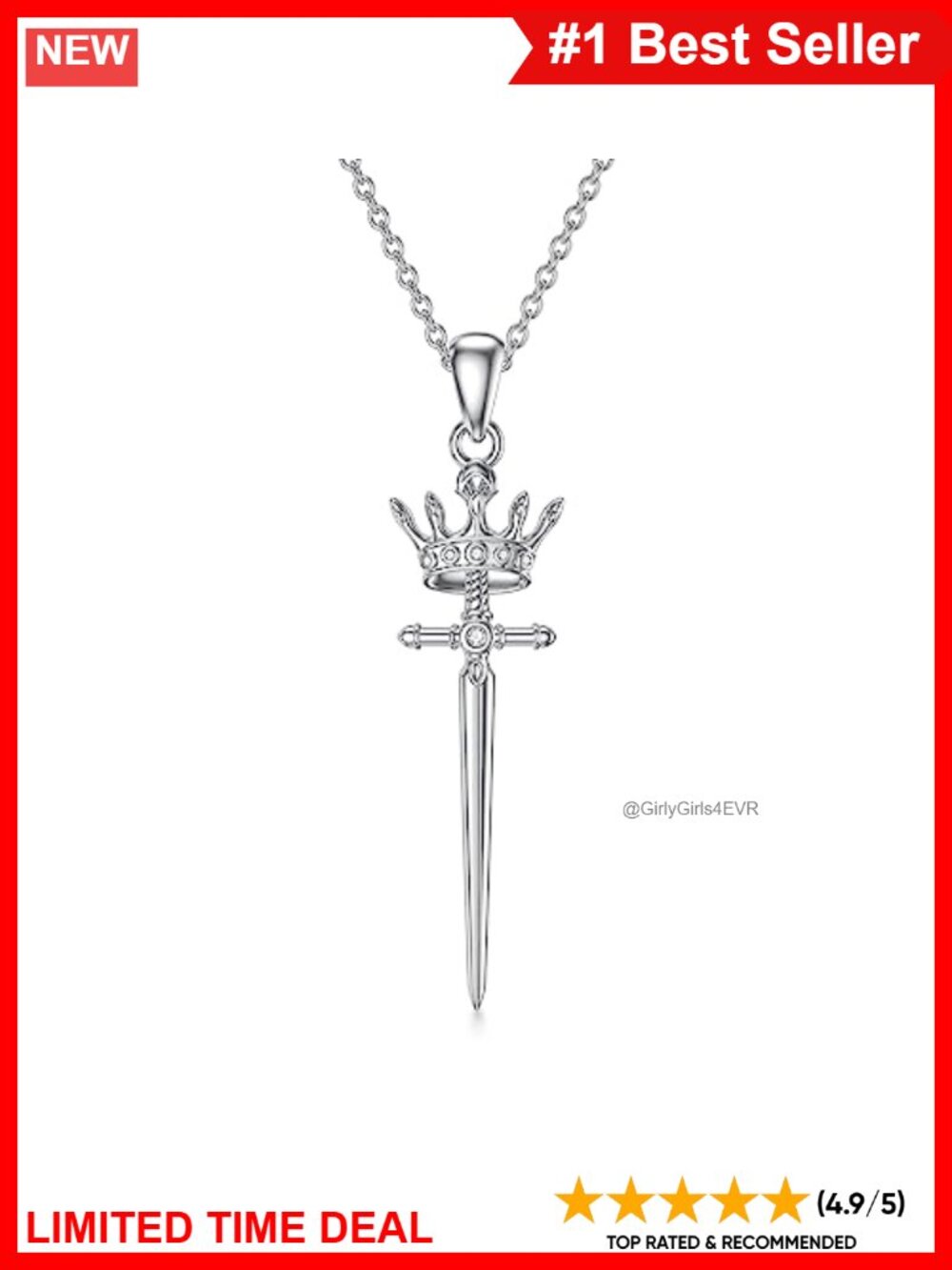 925 Sterling Silver Sword Cross Crown Pendant Necklace